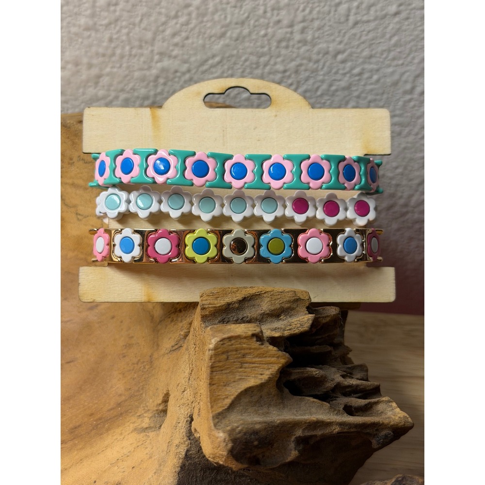 Multicolor‎ Enamel Flower Stretch Bracelet Set 3PC Gold Tone Floral Daisy Bangle